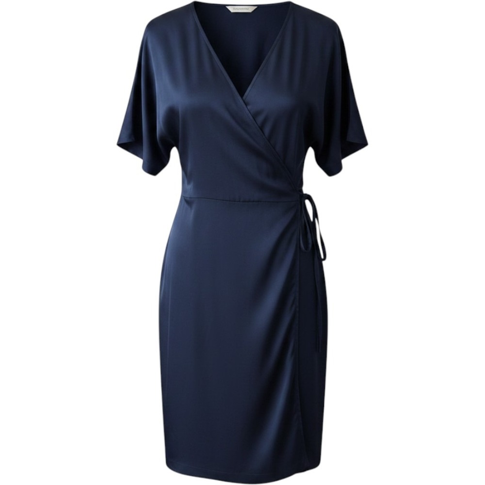 Quince Womens 90% Silk Wrap Dress Medium Navy Blue Short Sleeve V-Neck Elegant